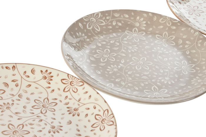 DKD Home Decor Set de 4 Platos de Porcelana Flores Beige y Marrón con Diseño Shabby 19x19x2 cm