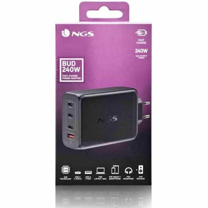 NGS BUD 240W Cargador de Pared GaN 240W 4 Puertos (3 USB-C + 1 USB-A) Negro NGS BUD 240W Cargador de Pared GaN 240W 4 Puertos (3 USB-C + 1 USB-A) Negro