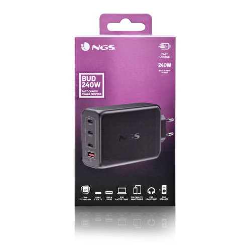 NGS Cargador de Pared GaN 240W 4 Puertos (3xUSB-C + 1xUSB-A) Negro NGS Cargador de Pared GaN 240W 4 Puertos (3xUSB-C + 1xUSB-A) Negro