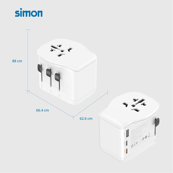 Simon Adaptador de viaje universal 65 W con 3 USB (1A+2C) Simon Adaptador de viaje universal 65 W con 3 USB (1A+2C)