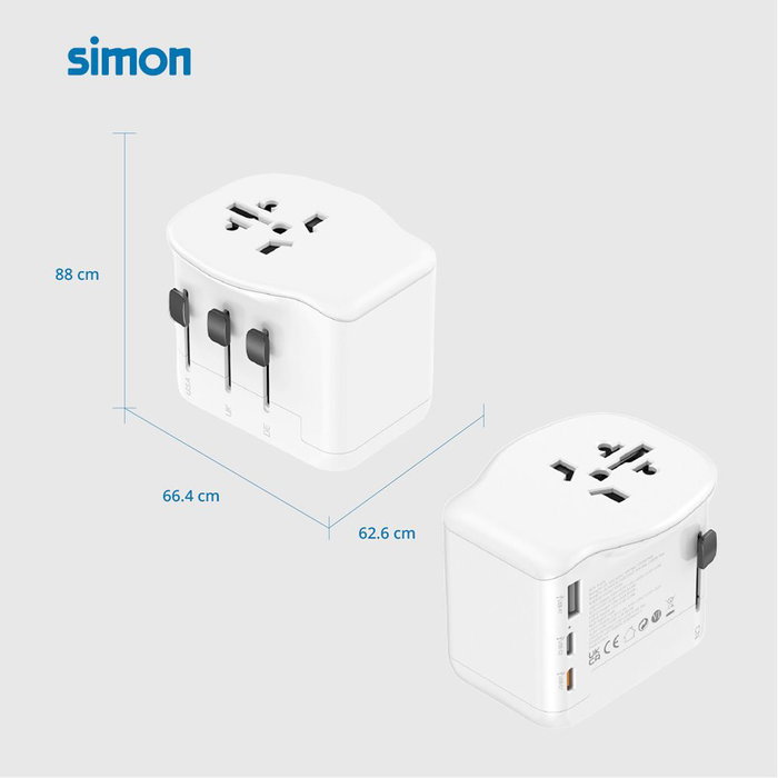 Simon Adaptador de Viaje Universal con 3 Puertos USB (1A+2C) 65W para Más de 200 Países, Carga Rápida, Incluye Bolsa Simon Adaptador de Viaje Universal con 3 Puertos USB (1A+2C) 65W para Más de 200 Países, Carga Rápida, Incluye Bolsa