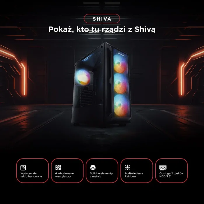 Rampage SHIVA Caja PC con ventana 4x ventilador 120mm Rainbow negra