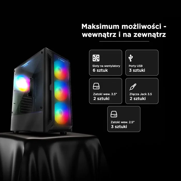Rampage SHIVA Caja PC con ventana 4x ventilador 120mm Rainbow negra