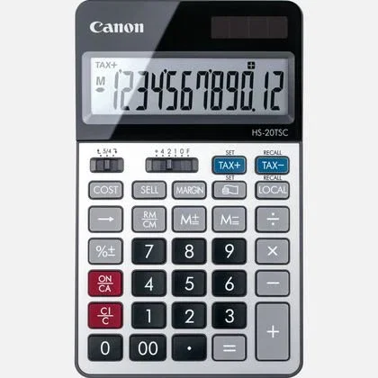Canon HS-20TSC Calculadora Financiera de Sobremesa, 12 Dígitos, Conversor de Divisas y Cálculo de Impuestos, Negro y Plata, Alimentación Solar/Batería LR44