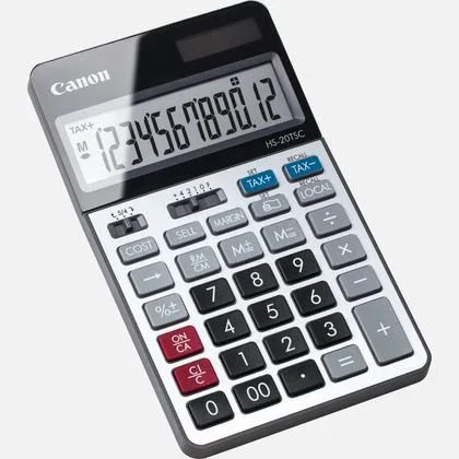 Canon HS-20TSC Calculadora Financiera de Sobremesa, 12 Dígitos, Conversor de Divisas y Cálculo de Impuestos, Negro y Plata, Alimentación Solar/Batería LR44