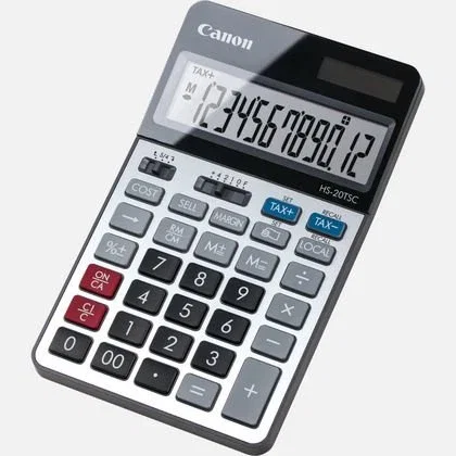 Canon HS-20TSC Calculadora Financiera de Sobremesa, 12 Dígitos, Conversor de Divisas y Cálculo de Impuestos, Negro y Plata, Alimentación Solar/Batería LR44