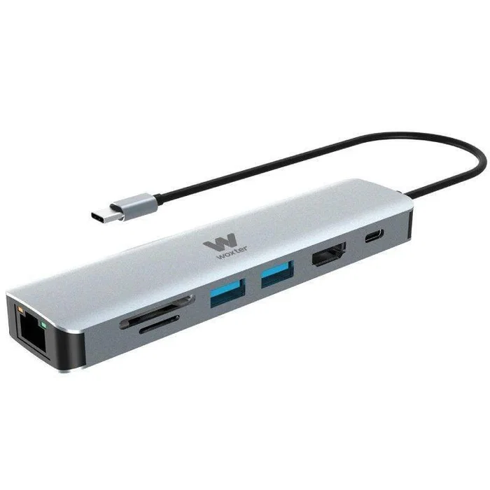Woxter Hub 7-en-1 PE26-181 USB-C - Docking Station con HDMI 4K, 2x USB 3.0, Lector de Tarjetas SD/MicroSD, RJ45 Gigabit y Carga PD 100W - Color Gris