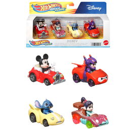 Hot Wheels Pack 4 Mini Coches Personajes Disney Hkd31 RacerVerse Mickey Mouse, Vanellope, Hiro y Stitch Coleccionables