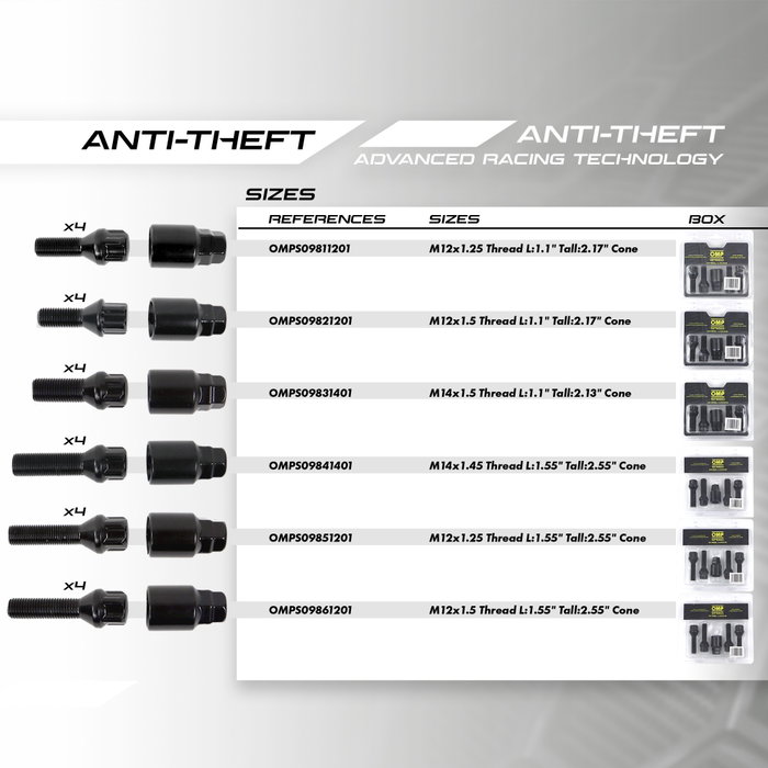 Omp Tornillos Antirrobo Llantas M14x1.5 Cónico Largo 28-55 mm Negro Omp Tornillos Antirrobo Llantas M14x1.5 Cónico Largo 28-55 mm Negro