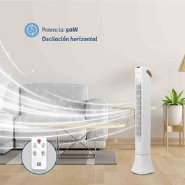 Grunkel Ventilador de Torre Blanco 50 W, 91 cm, 3 Velocidades, Temporizador 1-7 h, Mando a Distancia, Oscilación Horizontal