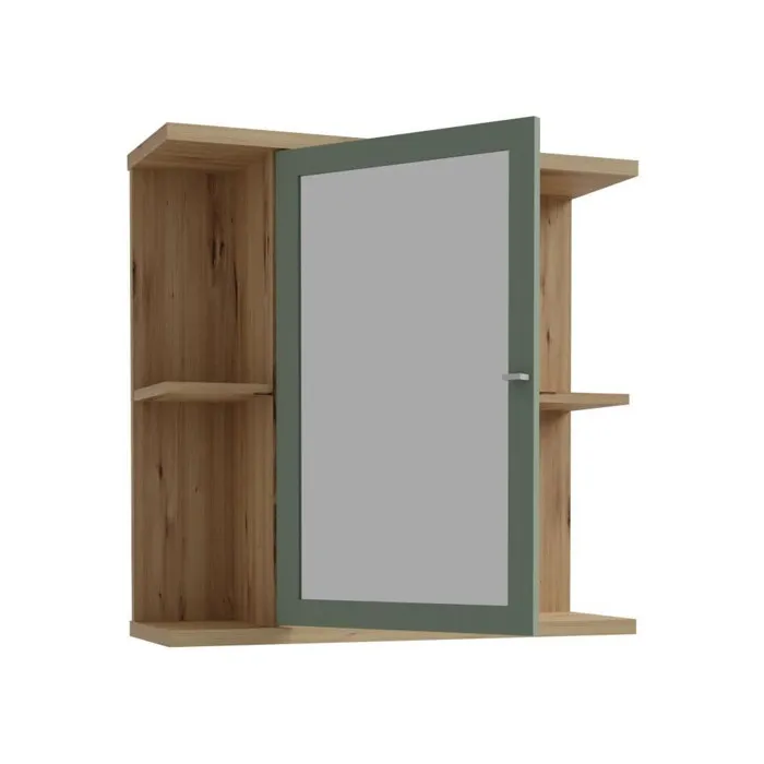 Forte CMPV063M888 Armario Mural para Baño 1 Puerta con Espejo Roble Artesanal / Verde Salvia 69.9x23.2x68.8 cm