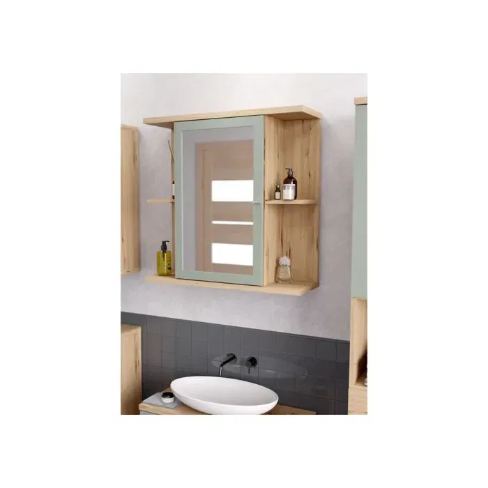 Forte CMPV063M888 Armario Mural para Baño 1 Puerta con Espejo Roble Artesanal / Verde Salvia 69.9x23.2x68.8 cm