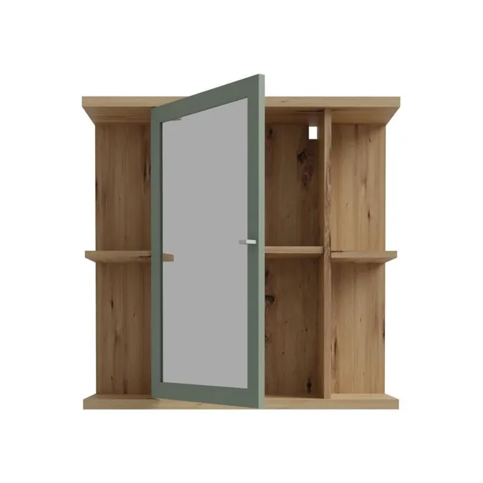 Forte CMPV063M888 Armario Mural para Baño 1 Puerta con Espejo Roble Artesanal / Verde Salvia 69.9x23.2x68.8 cm