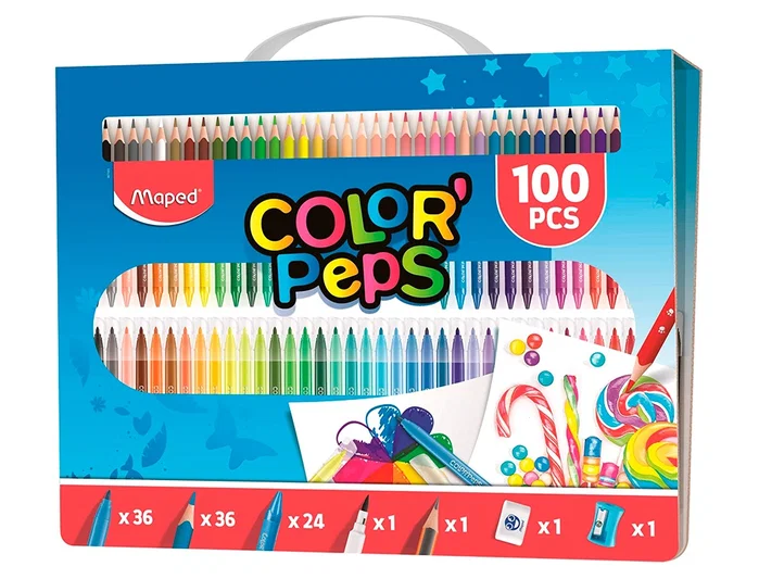 Maped Kit Color'Peps de 100 Piezas con Estuche con Asa, Surtido de Colores