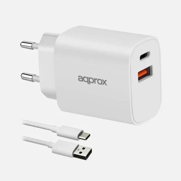 Approx APPUSBWALL20W Cargador de Pared Rápido 20W USB-C PD + USB-A QC 3.0, 2 Puertos, Entrada 100-240V, con Cable USB-A a USB-C 1m, Blanco