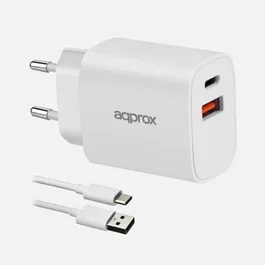 Approx APPUSBWALL20W Cargador de Pared Rápido 20W USB-C PD + USB-A QC 3.0, 2 Puertos, Entrada 100-240V, con Cable USB-A a USB-C 1m, Blanco