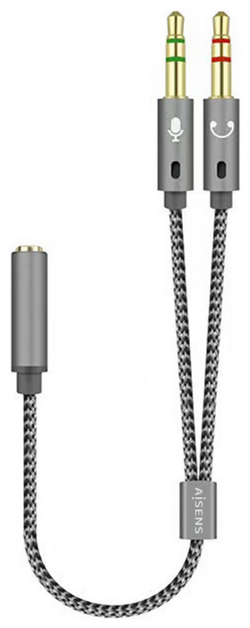 Aisens Cable Adaptador Audio Jack 3.5mm (1 Hembra 4 Pines a 2 Macho 3 Pines) Gris 25cm