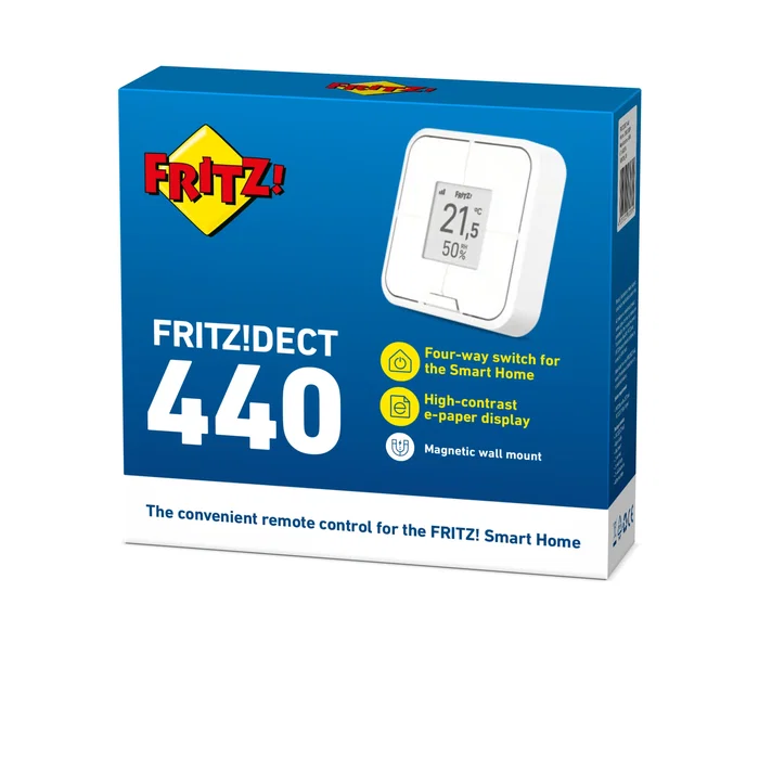AVM FRITZ!DECT 440 Interruptor Domótica Inalámbrico 4 Botones Pantalla Tinta Electrónica, Blanco, Control para Smart Home FRITZ!Box, DECT ULE
