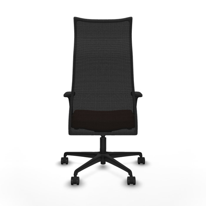 Sillón Albacete con mecanismo Sincro tapizada con Tela color Marrón y malla color Negro. Equipado con Base nailon negra, Brazos 1D y Ruedas 65mm nailon