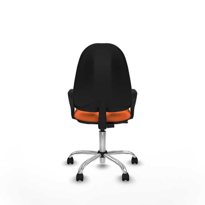 Silla de oficina Algarra con mecanismo Contacto permanente básico tapizada con Tela color Naranja. Equipada con Base cromada, Brazos fijos y Ruedas de nailon 50 mm
