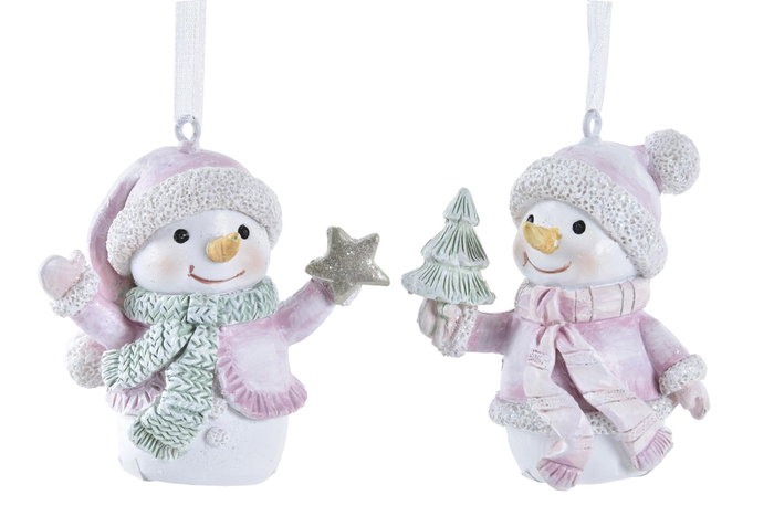 DKD Home Decor Decoración Colgante Navidad Fantasia Blanco Rosa Snowman Resina 5.5 x 3.5 x 6 cm (12 Unidades)