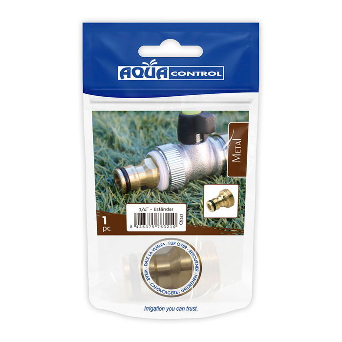 Aqua Control Conector Roscado Macho Latón ¾ Pulg para Manguera Adaptador de Grifo Zincado Aqua Control Conector Roscado Macho Latón ¾ Pulg para Manguera Adaptador de Grifo Zincado