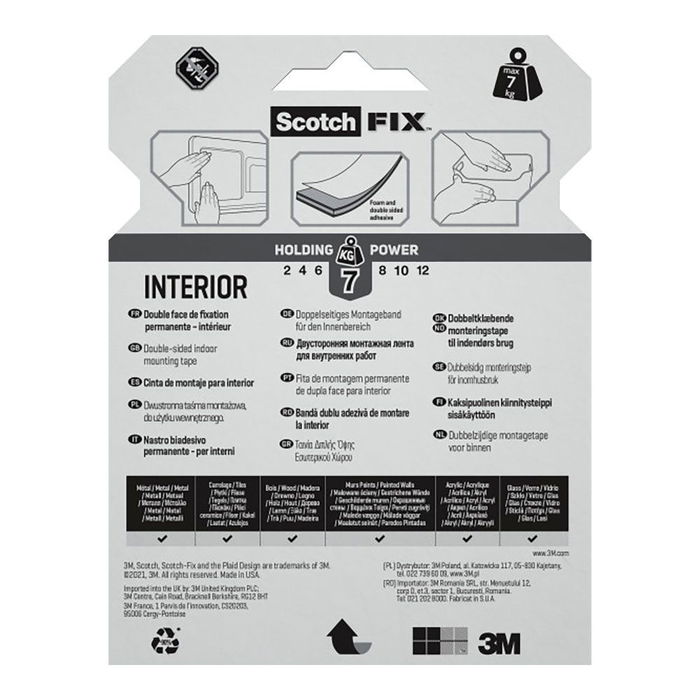 Scotch Cinta Doble Cara de Montaje para Interior, Máximo 7 kg, 19mmx5m