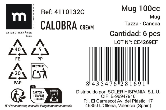 La Mediterranea Mug Calobra Crema 100 cc (6,3 cm ancho x 6,8 cm alto x 9 cm largo) (36 Unidades)