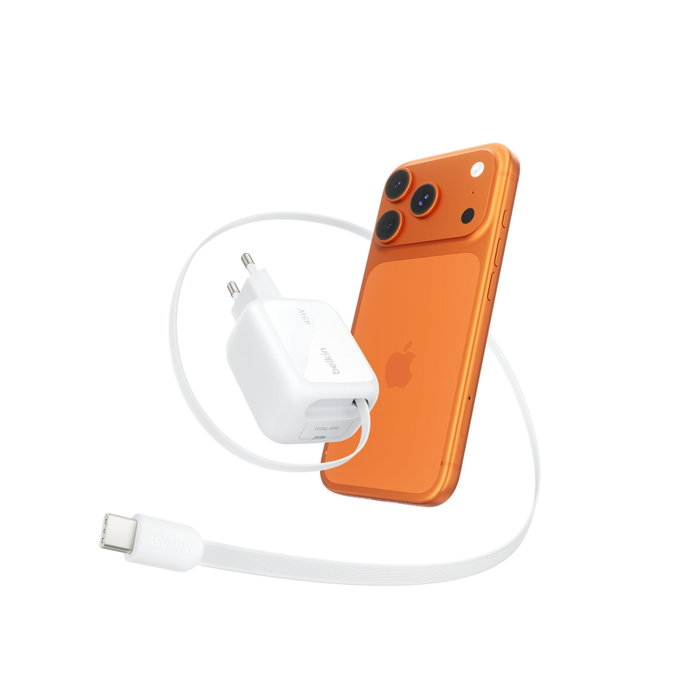Belkin BOOST Charge Pro 45W Dual GaN con cable USB-C retráctil Blanco