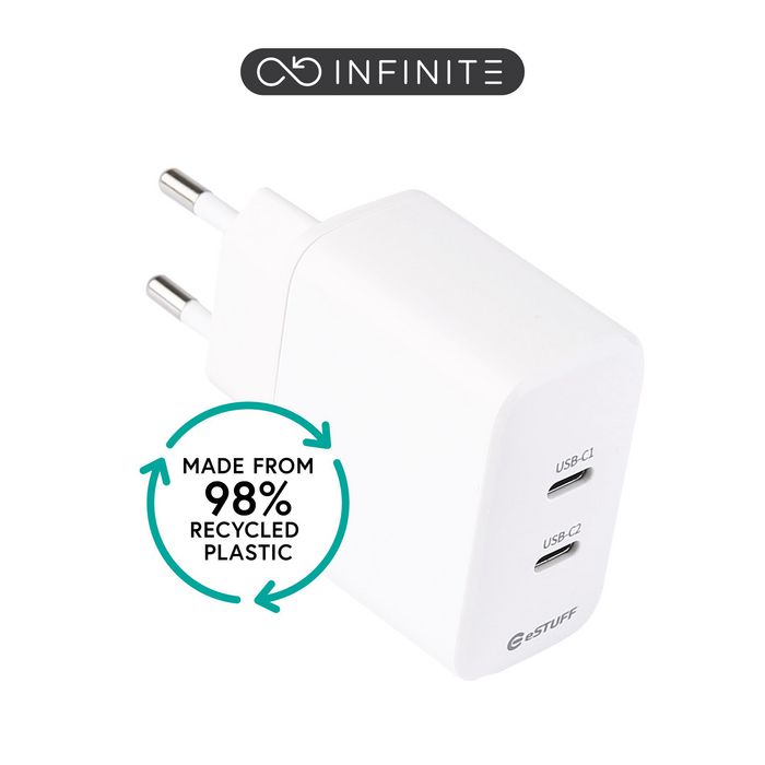 eSTUFF INFINITE Cargador USB-C 35W PD QC3.0 PPS con Enchufe UE - Blanco - 98% Plástico Reciclado eSTUFF INFINITE Cargador USB-C 35W PD QC3.0 PPS con Enchufe UE - Blanco - 98% Plástico Reciclado