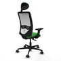 Silla de oficina Zulema con mecanismo Sincro tapizada con Tela color Verde y malla color Blanco. Equipada con lumbar 1D, Brazos 2D, Cabecero Fijo y Ruedas 65mm nailon