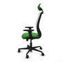 Silla de oficina Zulema con mecanismo Sincro tapizada con Tela color Verde y malla color Blanco. Equipada con lumbar 1D, Brazos 2D, Cabecero Fijo y Ruedas 65mm nailon