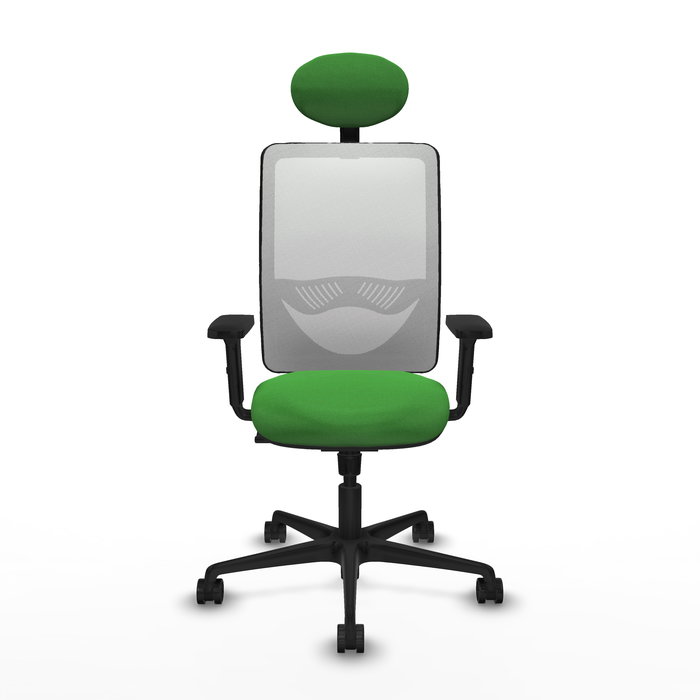 Silla de oficina Zulema con mecanismo Sincro tapizada con Tela color Verde y malla color Blanco. Equipada con lumbar 1D, Brazos 2D, Cabecero Fijo y Ruedas 65mm nailon