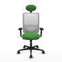 Silla de oficina Zulema con mecanismo Sincro tapizada con Tela color Verde y malla color Blanco. Equipada con lumbar 1D, Brazos 2D, Cabecero Fijo y Ruedas 65mm nailon