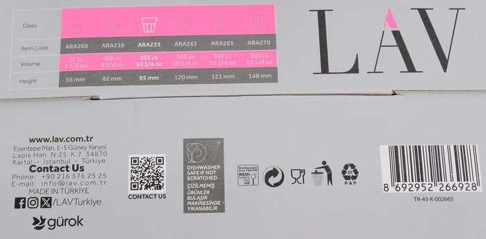 LAV Set 4 Vasos 305cc Aras Color 8.5 x 10 x 8.5 cm (6 Cajas)