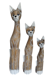DKD Home Decor Set de 3 Figuras de Gatos en Albasia Natural y Blanco