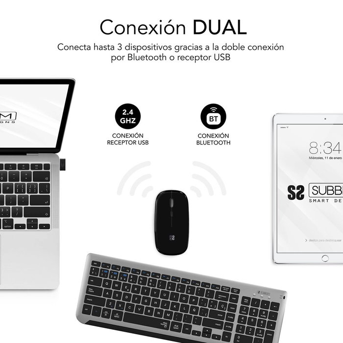 Subblim Combo Dual Prestige Extendido Gris/Negro con Teclado y Ratón Inalámbrico Bluetooth/2.4G