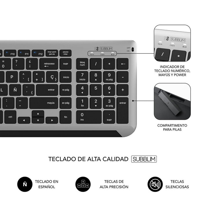 Subblim Combo Dual Prestige Extendido Gris/Negro con Teclado y Ratón Inalámbrico Bluetooth/2.4G