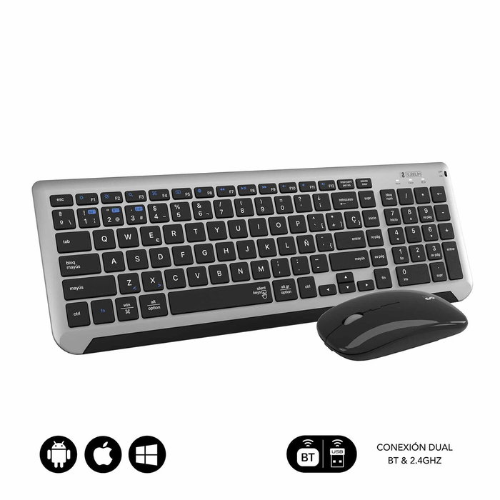 Subblim Combo Dual Prestige Extendido Gris/Negro con Teclado y Ratón Inalámbrico Bluetooth/2.4G