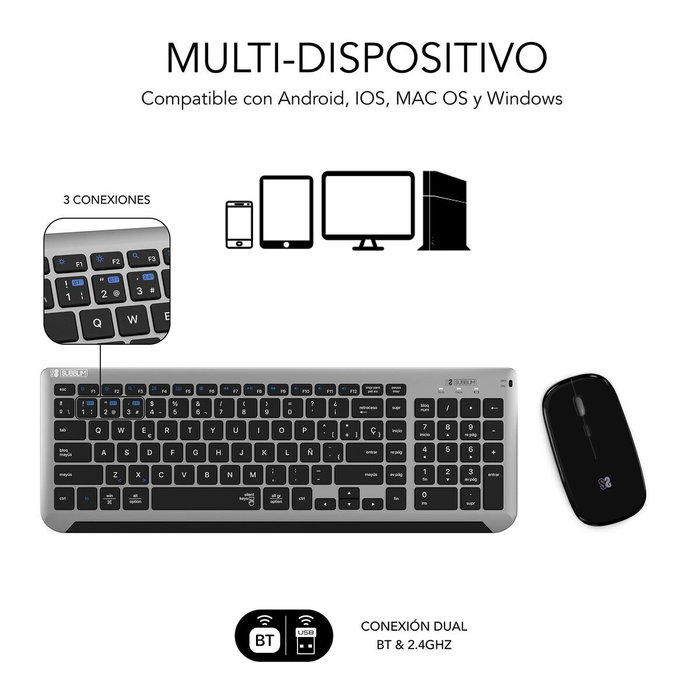 Subblim Combo Dual Prestige Extendido Gris/Negro con Teclado y Ratón Inalámbrico Bluetooth/2.4G