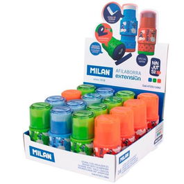 Milan Afilaborra Extension Serie Especial Ninjutsu C-Surtidos Sacapuntas y Goma de Borrar con Depósito Caja Expositora 16 Ud