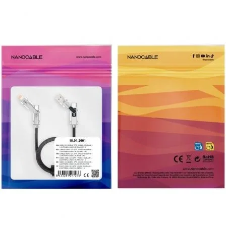 Nano Cable Cable USB 2.0 Tipo-C 10.01.2601 - Cabezales Intercambiables USB-C/USB-A a Lightning/USB-C, 27W, 480Mbps, Mallado Algodón, 1m, Negro/Gris con LED