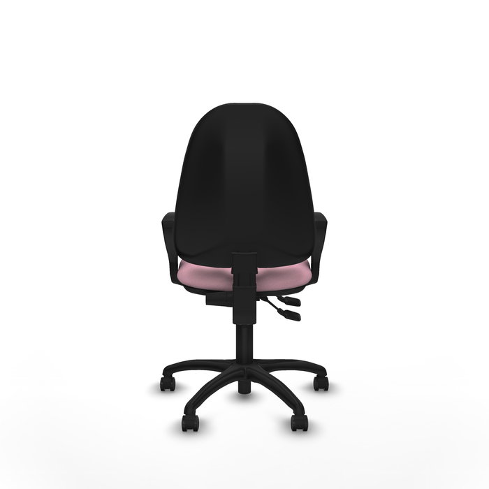 Silla de oficina Algarra con mecanismo Contacto permanente de doble maneta tapizada con Tela color Rosa. Equipada con Base poliamida negra, Brazos fijos y Ruedas autofrenantes