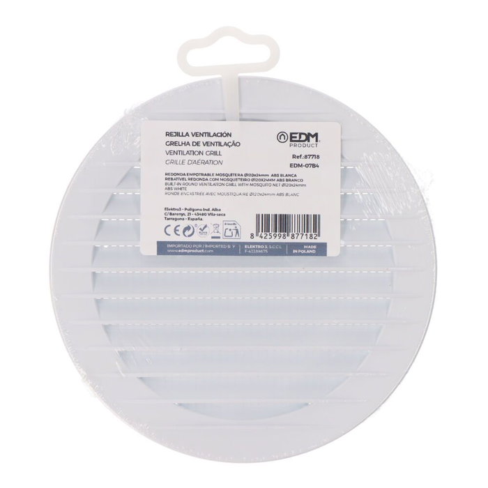 Edm Rejilla de Ventilación Redonda con Mosquitera Ø120mm ABS Blanca Empotrable Edm Rejilla de Ventilación Redonda con Mosquitera Ø120mm ABS Blanca Empotrable