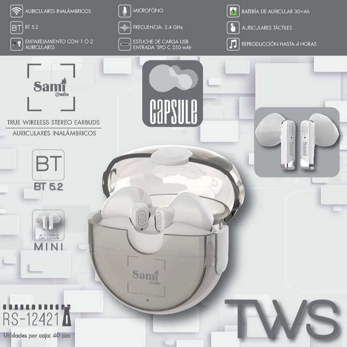 SAMI Auricular Capsule TWS Inalambrico con Estuche de Carga 250mAh (30mAh)