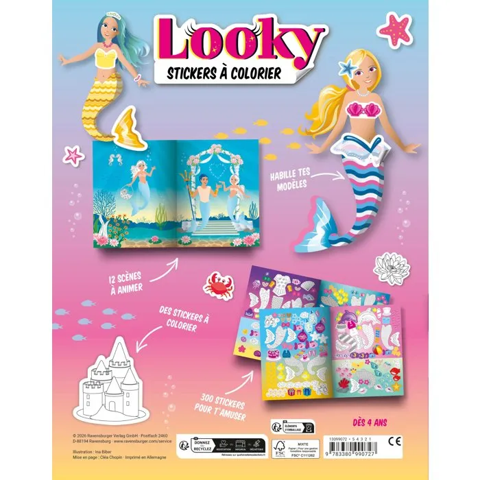 Ravensburger RAV9783380990727 - Libro de pegatinas y colorear Looky, diseño de moda con sirenas, 24 páginas, para niños de 4 años o más