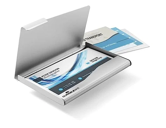 Durable Tarjetero de Aluminio para 20 Tarjetas de Visita, Plata