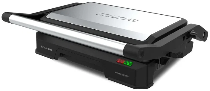 Taurus MyGrill Legend 968146000 Grill Eléctrico de Contacto y Plancha, 1000W, Apertura 180º, Placas Antiadherentes, Bandeja Recogegrasas Extraíble, Negro/Acero