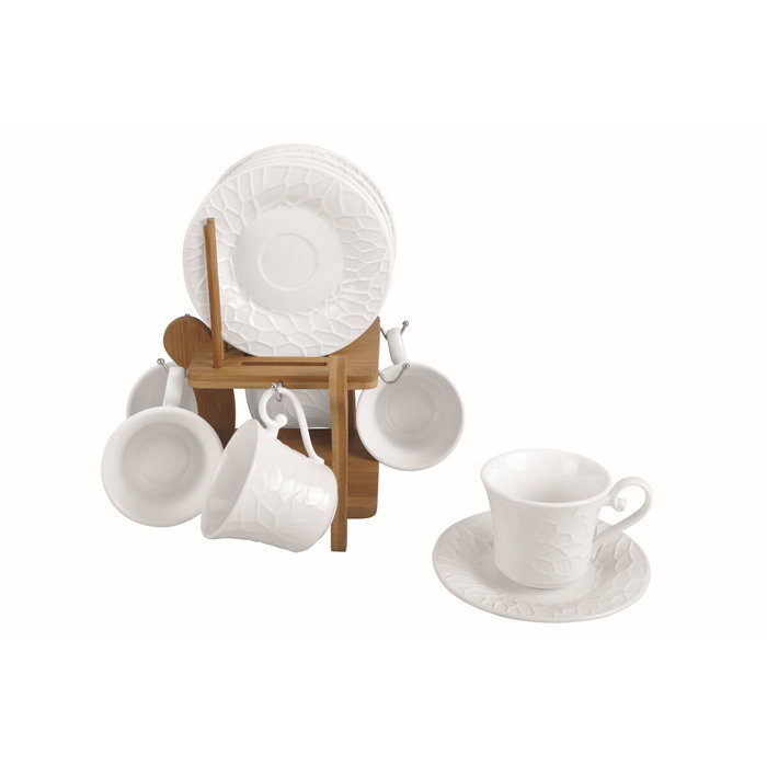 DKD Home Decor Set de Café 6 Piezas de Porcelana con Relieve y Bambú DKD Home Decor Set de Café 6 Piezas de Porcelana con Relieve y Bambú