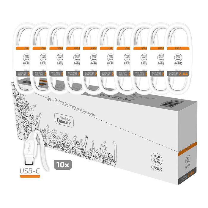 Tech One Tech Pack 10 Cables Basik USB-A a USB-C 1m Blanco